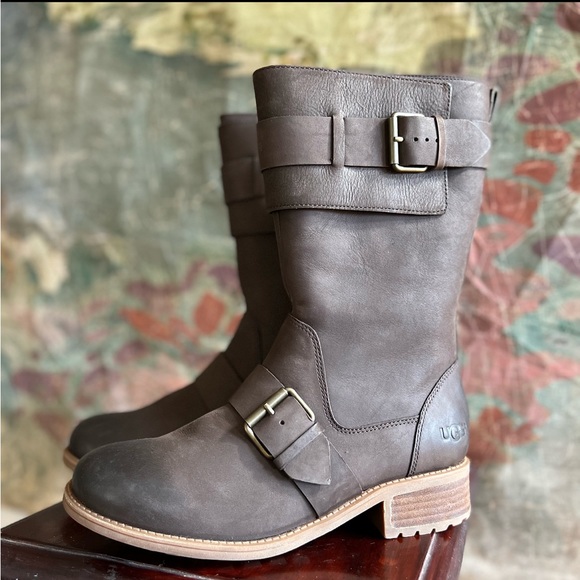 Ugg Shoes | Ugg Chancey Water-Resistant Stout Leather Fur Moto Short Boots | Color: Brown | Size: 9 | Mode_De_Luxe's Closet
